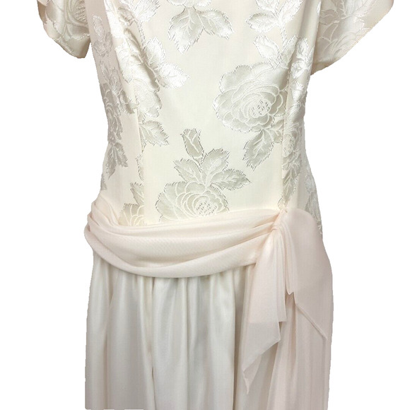 Vintage 80s Satin Chiffon Puff Sleeve Drop Waist Dress Size 16 Formal Wedding - Picture 6 of 16